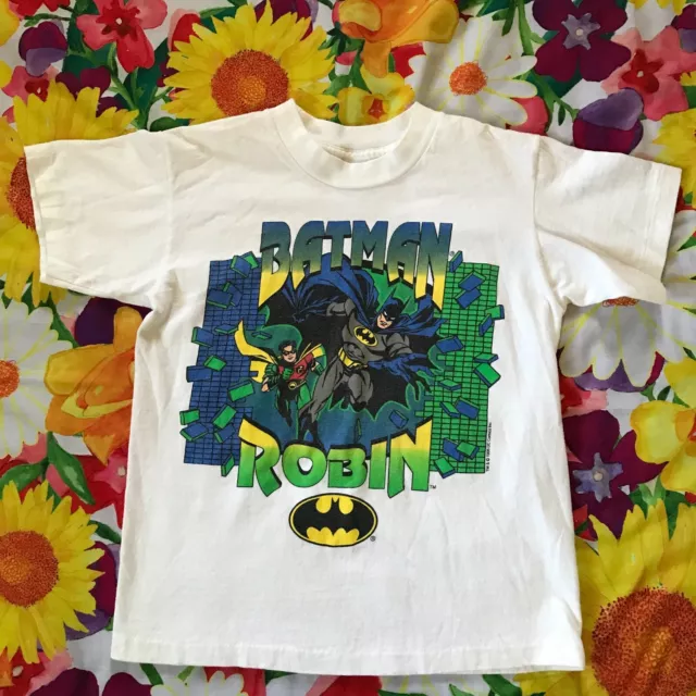 Vintage 90s 1996 Batman & Robin DC Comics White Graphic T-Shirt Youth L 8/10