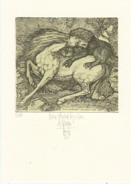 Exlibris Bookplate Radierung Harry Jürgens 1949 Löwe Pferd