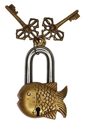 Small Fish Shape Door Lock Vintage Style Brass Handcrafted Padlock & working Key