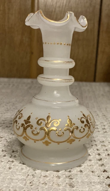 Vintage Milk Glass Bud Vase Gold Enamel Ruffled Rim Small Flower Fleur de Lis