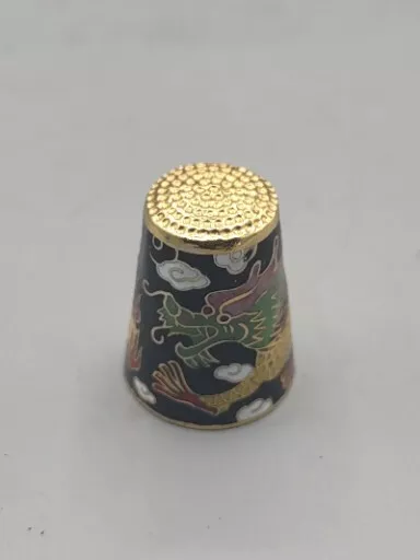 Vintage Brass Cloisonné Style Enamel Chinese Dragon Thimble  Wrap Around Design