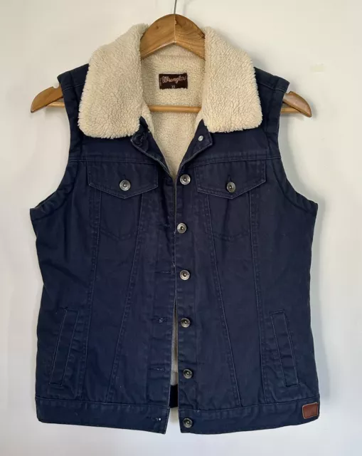 Wrangler Sherpa Lined Denim Cowboy Rancher Vest Navy Cream Size XS