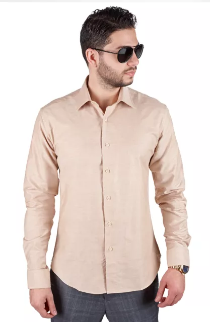 Slim / Tailored Fit Mens Tan Sand Dress Shirt Wrinkle-Free Spread Collar AZAR