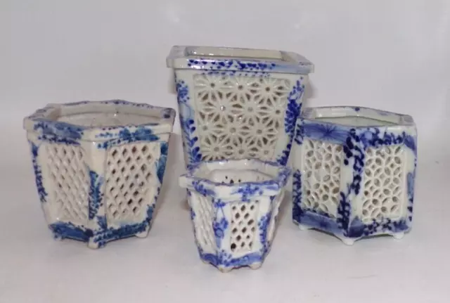 5 Antique Chinese Porcelain Cricket Cage Hand Painted Blue & White Large 10.5cm