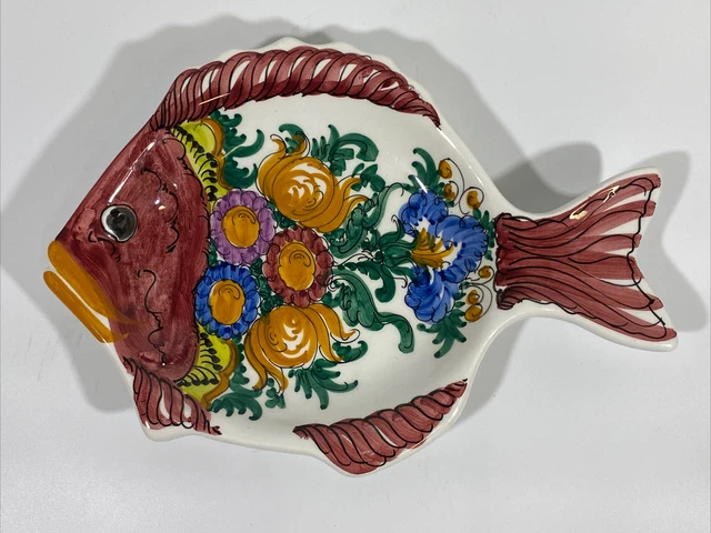 Vintage Art Pottery Majolica Handpainted Fish Floral Plate Dish G.H. Greece 10”
