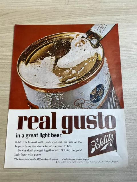 Schlitz Beer Light Real Gusto 1962 Vintage Print Ad Life Magazine