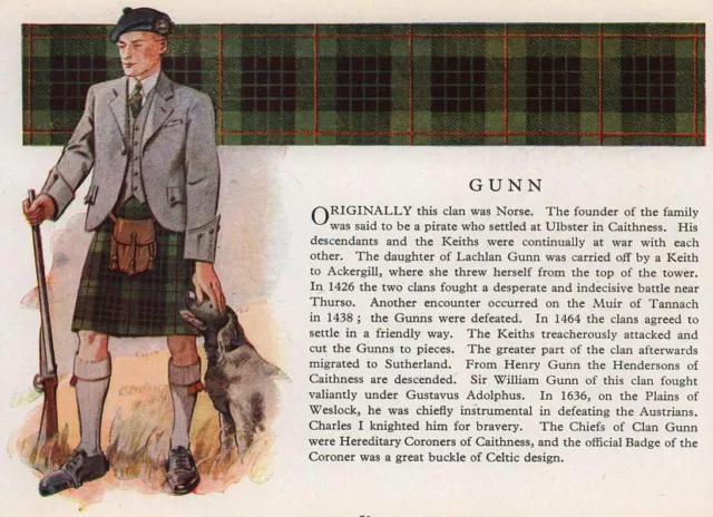 Gunn. Scotland Scottish clans tartans arms 1957 old vintage print picture