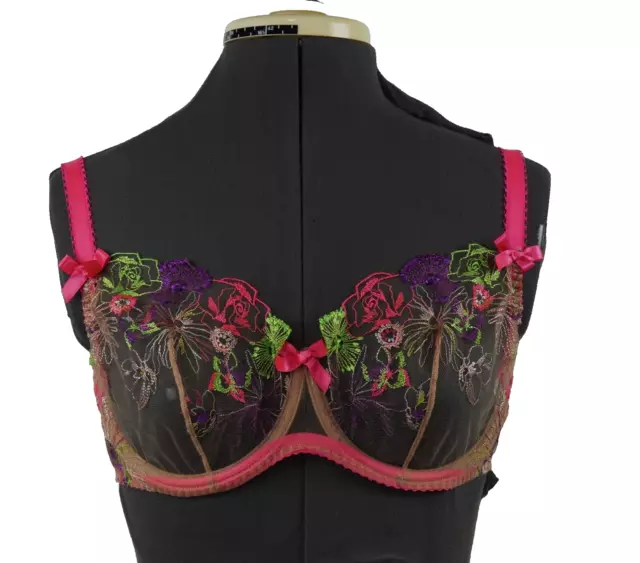 Agent Provocateur Zuri  Underwire Plunge Bra 34E Nude Sheer Tulle Multi Floral