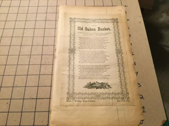 Original SONG LYRIC BROADSIDE 1800s OLD OAKEN BUCKET poor old men