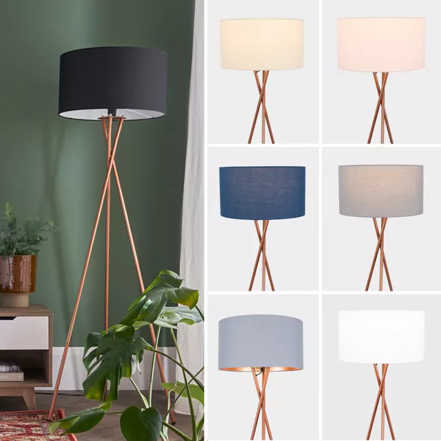 Tripod Floor Lamp Standard Light Tall Copper Large Fabric Lampshade LED Bulb