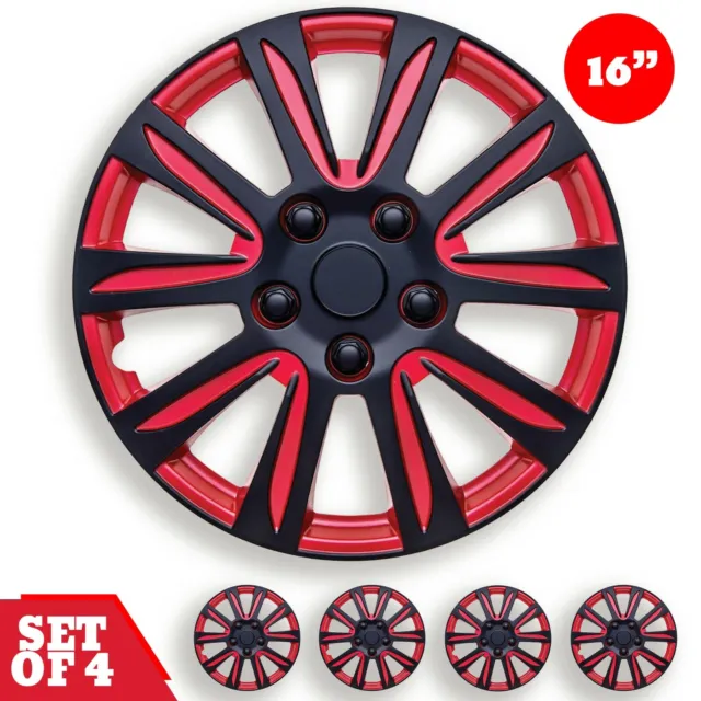 Set 4 Hubcaps 16" Wheel Cover Marina Bay Red Black ABS Easy To Install Universal