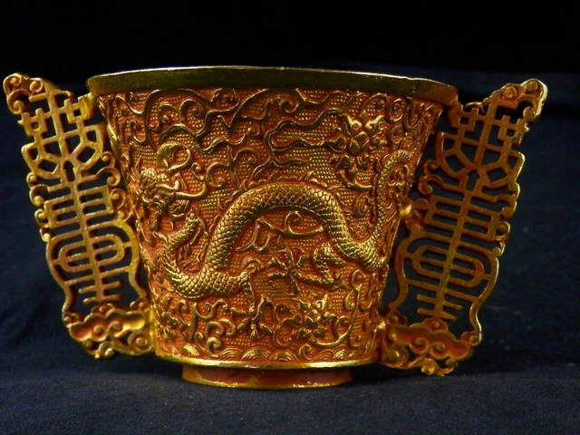 Great Tibetan Bronze Inlay Gilt Hand Made *2Dragons* Cup JJ138