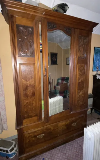 Large Antique Mirrored Door Wardrobe, Large Drawer