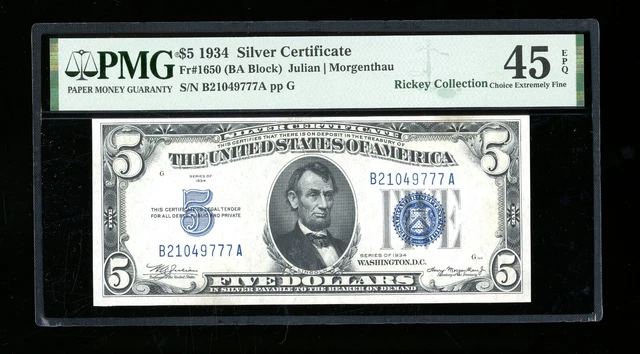 DBR 1934 $5 Silver Fr. 1650 BA Block PMG 45 EPQ Serial B21049777A