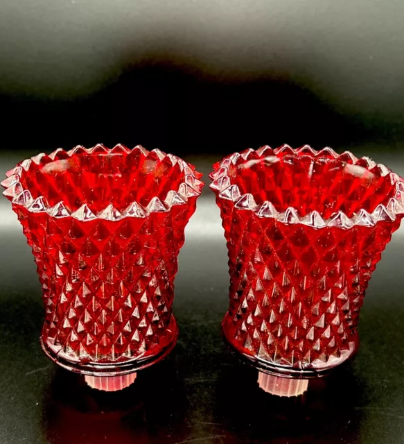 Pair Of Vintage Quilted Hobnail Red Glass Votive Candle Holder About 3 3/4"