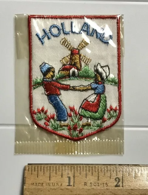 HOLLAND The Netherlands Windmill Man Woman Souvenir White Embroidered Patch