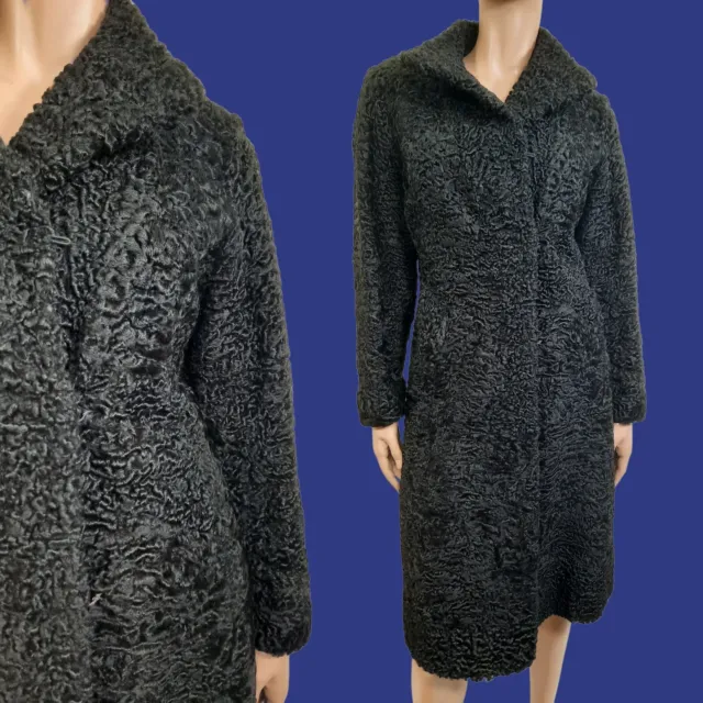 Vintage Black Persian Lamb Fur Coat 1940s 1950s Womens Size XS Mid Calf