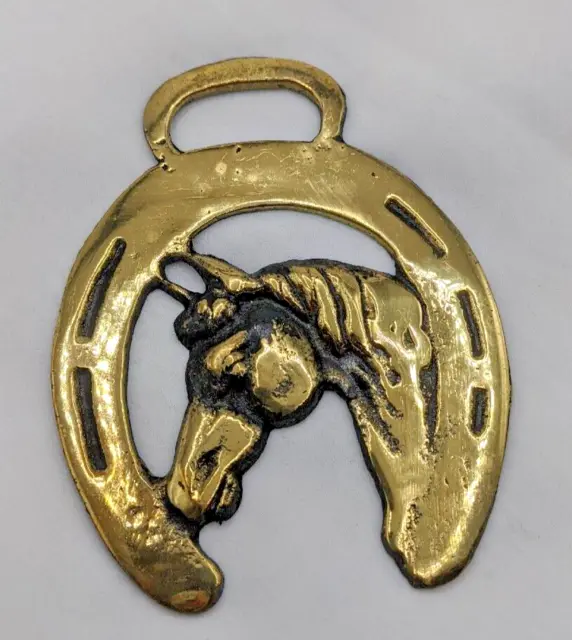 Brass Horse Medallion Vintage English Steed Good Luck Horseshoe Mare Show Parade