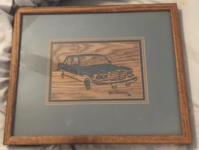 Vintage 1982 Ken Daddario Sedan Car Carved Cut-Out Wood Oak Framed Matted Art