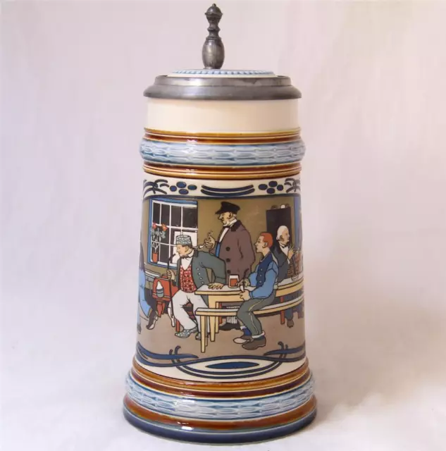 Antique V&B Mettlach Etched Beer Stein #2632 Bowling in Beer Garden c.1903