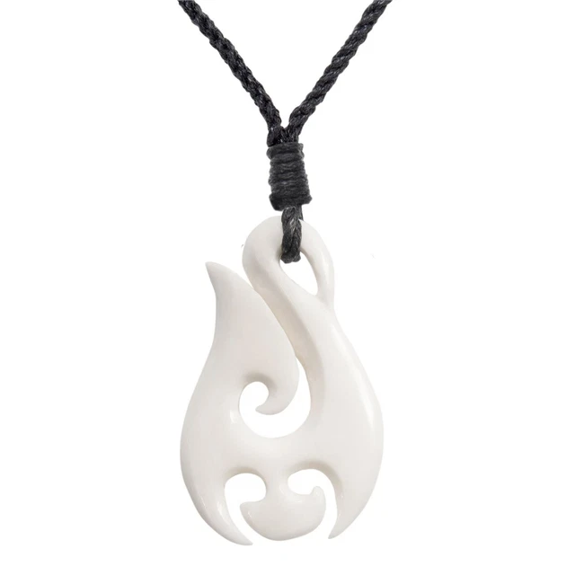 Collier Pendentif En Os Sculpté Maori Double Koru - Nacre Abalone - Longueur 84 Cm