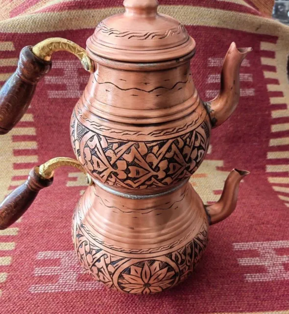 Tetera de cobre hecha a mano turca, tetera de cobre con patrón caído,...