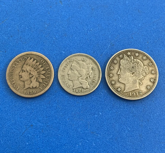 1859 1871 1912 Indian Head Wheat Cent Three Cent V Nickel 3 Coin Vintage Set 1859 1871 1912 Indian Head Wheat Cent Three Cent V Nickel 3 Coin Vintage Set