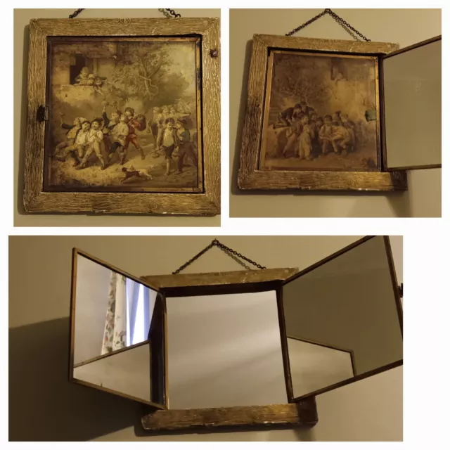 Antique French Art Triptych Wall Hanging Folding Picture Mirror