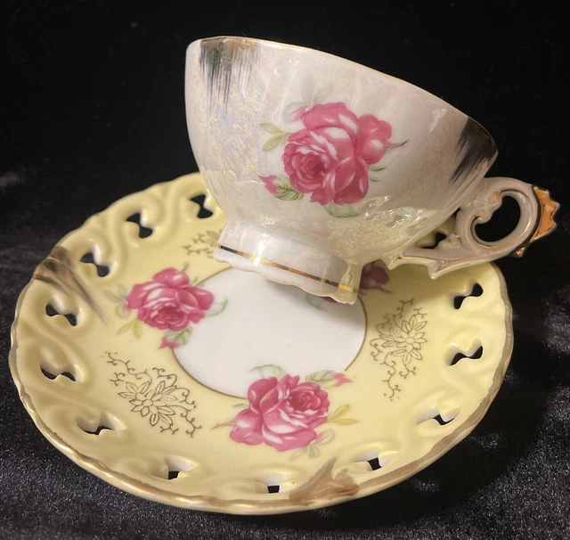 Platillo y taza de té reticulada vintage Tilso Japón pintado a mano japonés