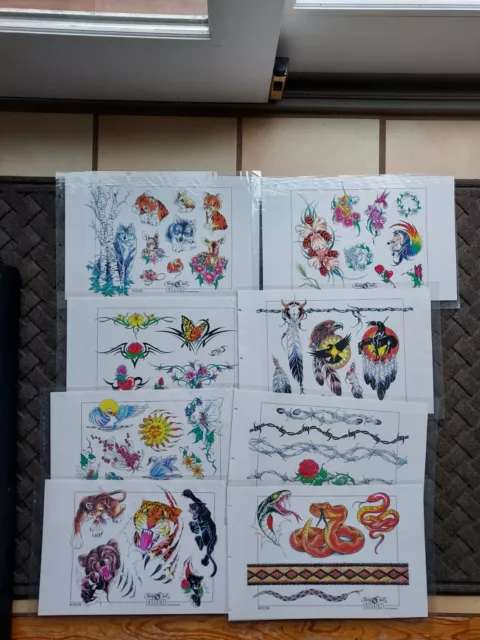 Lote de 8 hojas flash de tatuaje de Cherry Creek águilas león mariposa tigre (6)