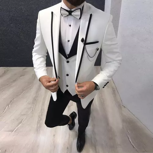 Men Suits 3pcs Slim Fit Casual Business  Ivory Lapel Tuxedos (Blazer+Pants+Vest)