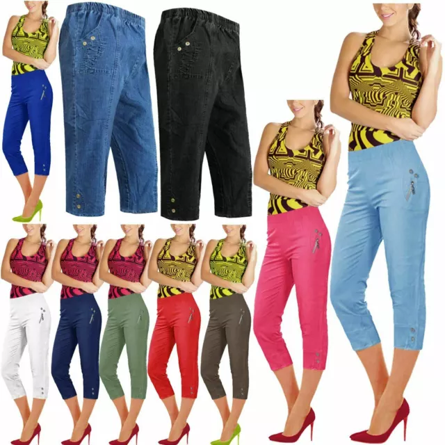 LADIES 3/4 TROUSERS WOMENS THREE QUARTER ELASTICATED WAIST CAPRI