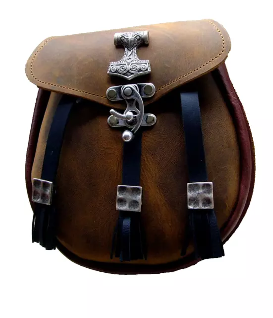 Kilt-Tasche Leder-Sporran Thorshammer mit Tasseln Gürtelschlaufe  Ösen Hakenv