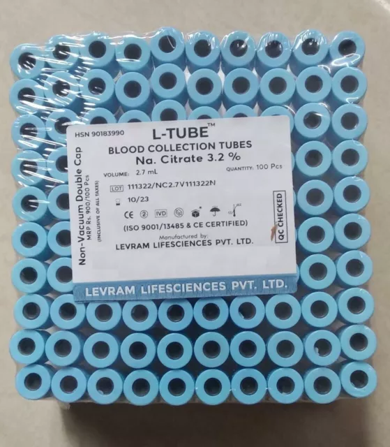 Sodium Citrate Tube with double cap Non Vacuum Blood Collection Pack of 100 pcs