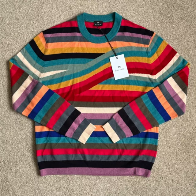 PAUL SMITH Swirl Stripe 100% Wool striped jumper pullover sweater 'L' LARGE