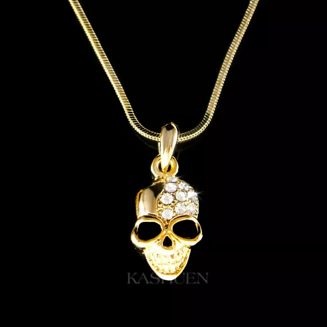 Gold TN SKULL made with Swarovski Crystal HIP HOP Day of Dead Halloween Necklace