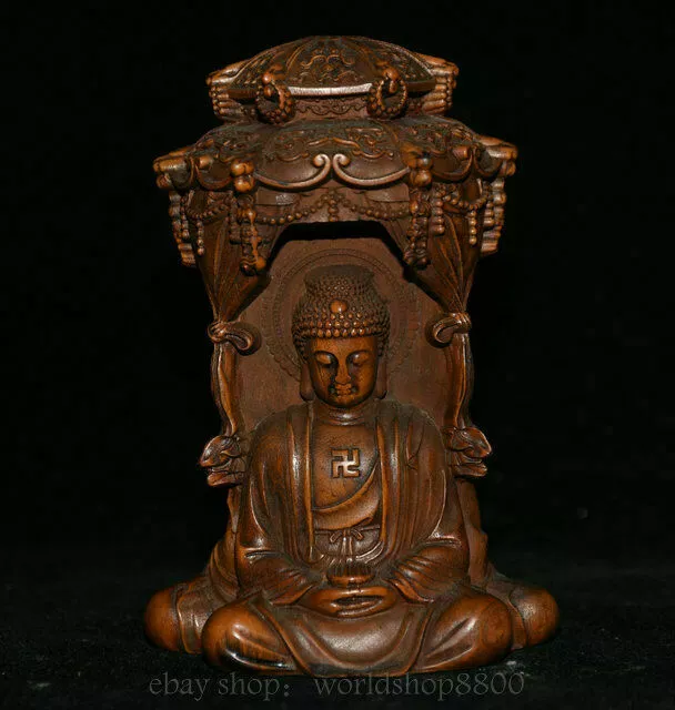 11CM Rare Old Chinese Boxwood Wood Carving 3 Face Sakyamuni Buddha Tree Statue