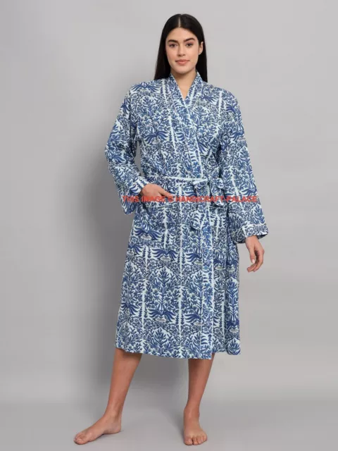 Algodón India Bata Kimono Largo Pijama Azul Estampado Floral Noche Kimono Batas