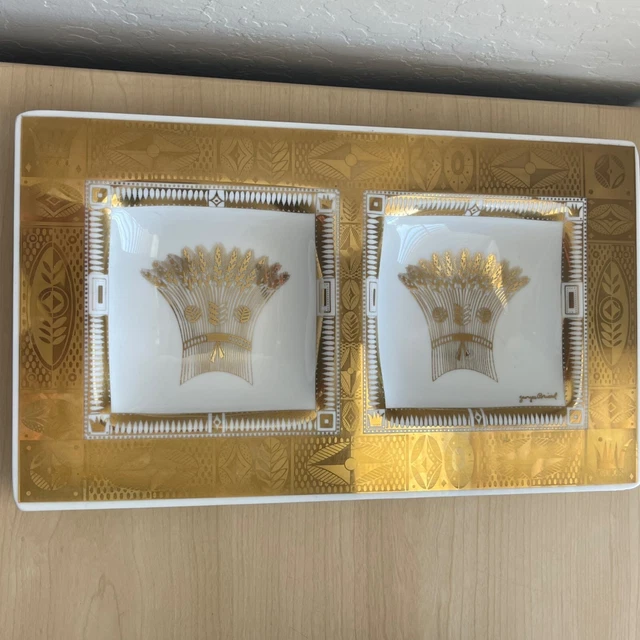 Vintage Georges Briard Golden Harvest Wheat Square Tray & 2 Appetizer Plates