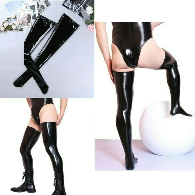 Calze da uomo in pelle lattice coscia piedi alti collant calze abbigliamento club in nero