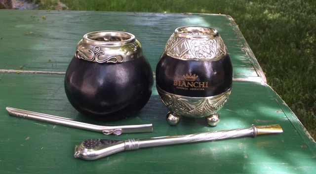 Argentina Alpaca Silver Handmade Industria Yerba Mate Gourd Tea Cups w/Straws