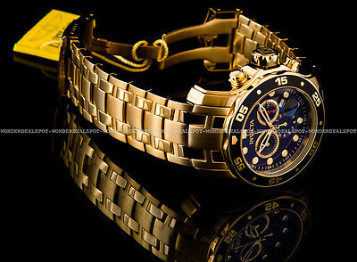 NEW Invicta Pro Diver Scuba 18K Gold Plated Black Dial Chrono S.S Bracelet Watch