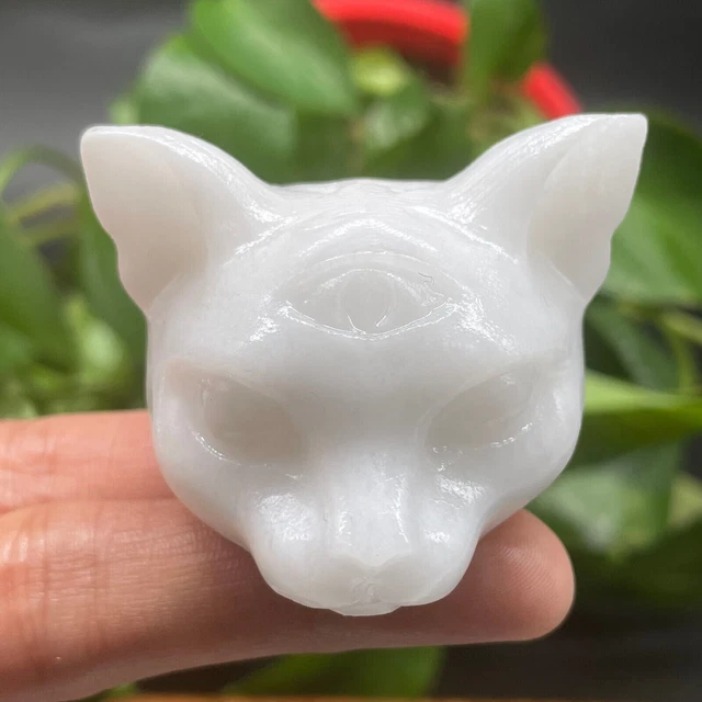 1pc Natural White Jade Quartz Carved Egyptian Cat Head Skull Crystal Reiki Gem