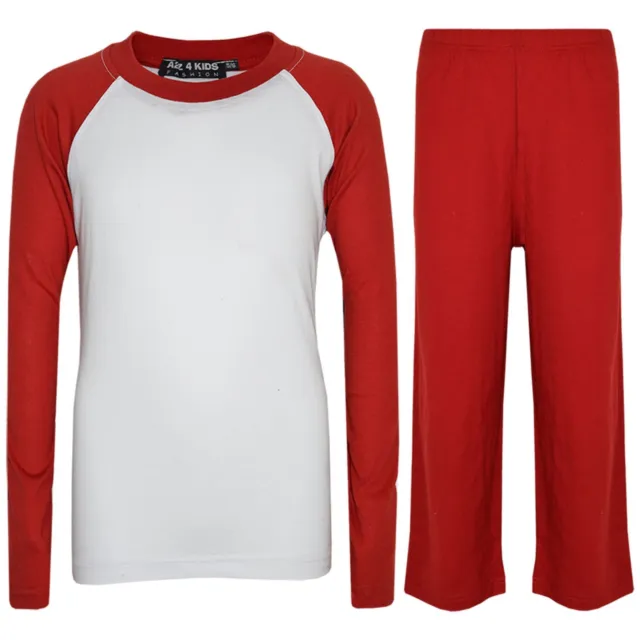Kids Girls Boys Pyjamas Designer Plain Red Contrast Sleeve Nightwear PJS 2-13 Yr