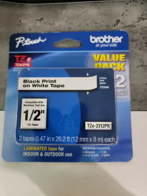 Brother Genuine P-Touch TZe-2312PK Black White Laminated Tape 2 Pack NEW