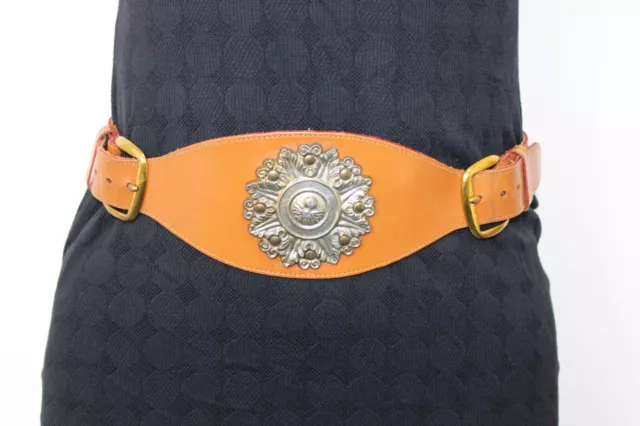 Vintage 70s 80s Brown Leather Wide Belt Double Buckle Medallion Size S