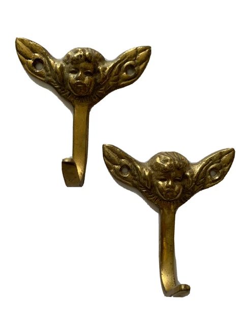 Vintage Set Of Two  Solid Brass Hooks Cherubs 4 X 4" Made In Japan No Screws