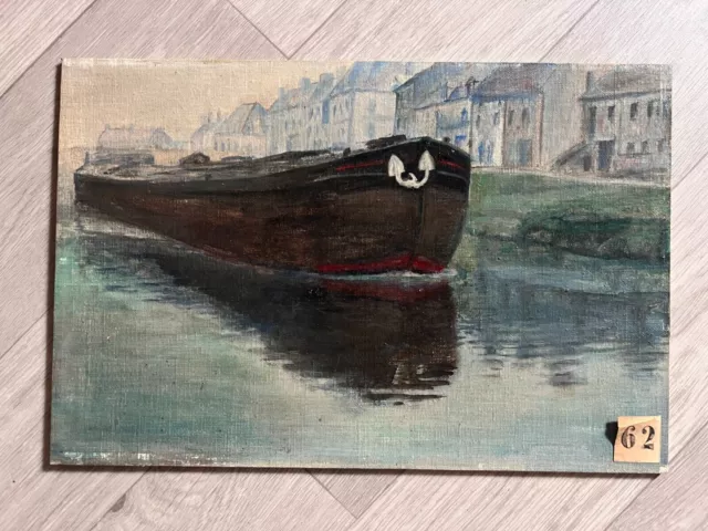 Pintura al óleo vintage Paisaje marítimo, barco, ciudad, puente, muelle