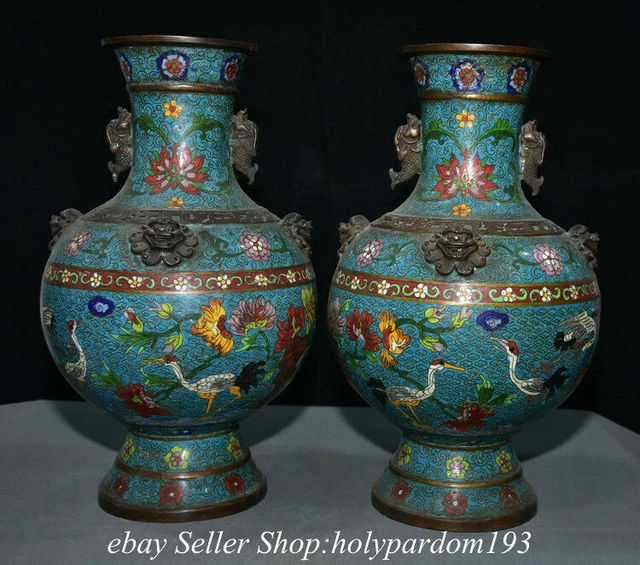 16" Marked Old Chinese Bronze Cloisonne Dynasty Flower Cranes Bottle Vase Pair