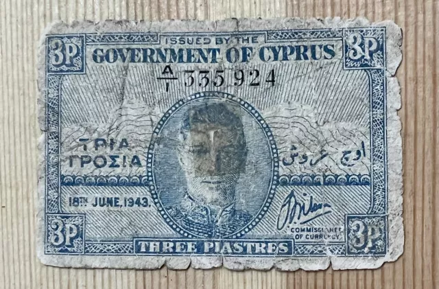 1943 Cyprus 3 Piastres Banknote British Rule King George VI Vintage Collectible